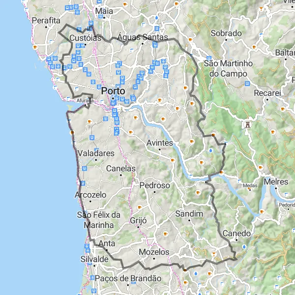 Map miniature of "Challenging Route from Santa Cruz do Bispo to Espinho" cycling inspiration in Norte, Portugal. Generated by Tarmacs.app cycling route planner