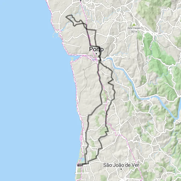 Map miniature of "Santa Cruz do Bispo and Gaia Coastal Route" cycling inspiration in Norte, Portugal. Generated by Tarmacs.app cycling route planner