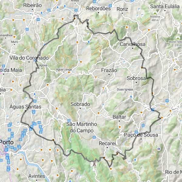 Miniatura do mapa de inspiração para ciclismo "Desafio em Duas Rodas por Terras de Santo Tirso" em Norte, Portugal. Gerado pelo planejador de rotas de ciclismo Tarmacs.app
