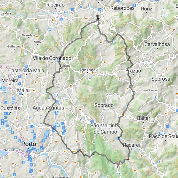Miniatura do mapa de inspiração para ciclismo "Volta de Bicicleta por Santo Tirso e Arredores" em Norte, Portugal. Gerado pelo planejador de rotas de ciclismo Tarmacs.app