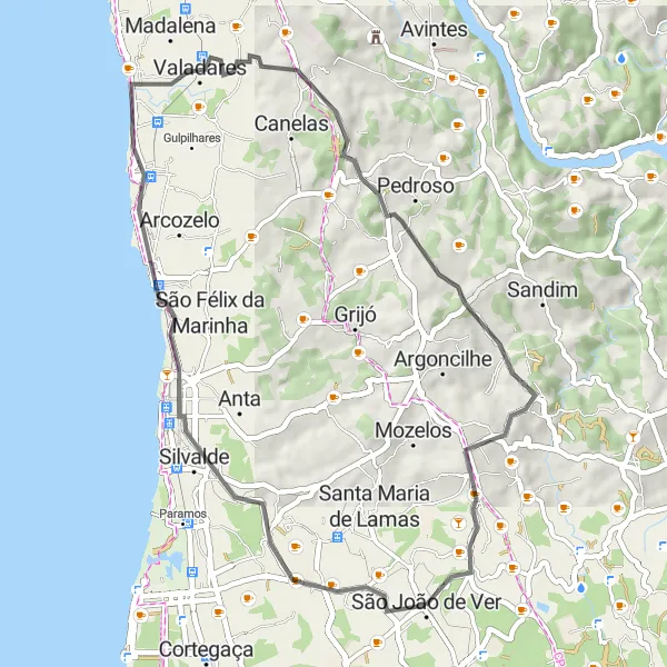 Miniatura do mapa de inspiração para ciclismo "Caminho das Praias e Falésias" em Norte, Portugal. Gerado pelo planejador de rotas de ciclismo Tarmacs.app
