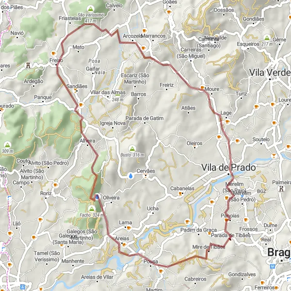 Map miniature of "Gravel Adventure to Tibães" cycling inspiration in Norte, Portugal. Generated by Tarmacs.app cycling route planner