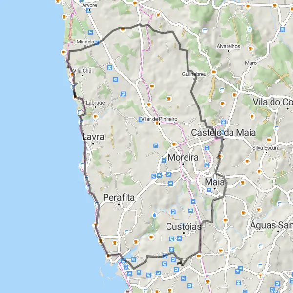 Miniatura do mapa de inspiração para ciclismo "Desafio de Mindelo e Leça do Balio" em Norte, Portugal. Gerado pelo planejador de rotas de ciclismo Tarmacs.app