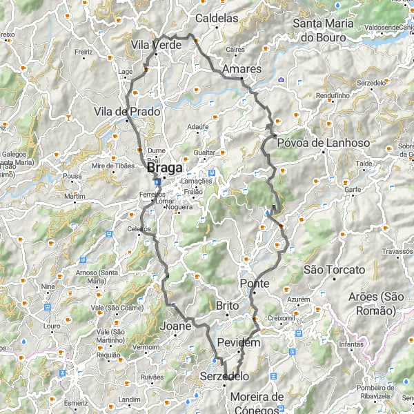 Miniatura do mapa de inspiração para ciclismo "Exploração das Montanhas de Maximinos" em Norte, Portugal. Gerado pelo planejador de rotas de ciclismo Tarmacs.app