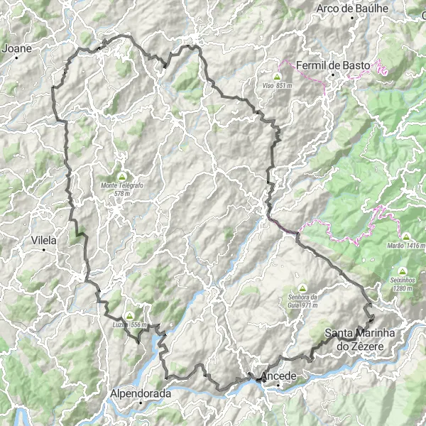 Miniatura do mapa de inspiração para ciclismo "Rota de Estrada por Guimarães" em Norte, Portugal. Gerado pelo planejador de rotas de ciclismo Tarmacs.app