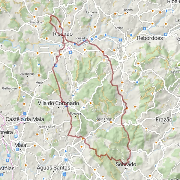 Miniatura do mapa de inspiração para ciclismo "Caminho de Gravel em Sobrado" em Norte, Portugal. Gerado pelo planejador de rotas de ciclismo Tarmacs.app
