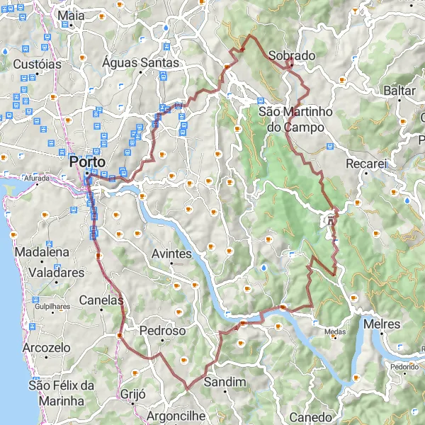 Miniatura do mapa de inspiração para ciclismo "Rota dos Castelos e Pontes de Sobrado" em Norte, Portugal. Gerado pelo planejador de rotas de ciclismo Tarmacs.app