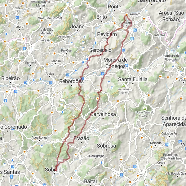 Miniatura do mapa de inspiração para ciclismo "Rota das Montanhas de Sobrado" em Norte, Portugal. Gerado pelo planejador de rotas de ciclismo Tarmacs.app