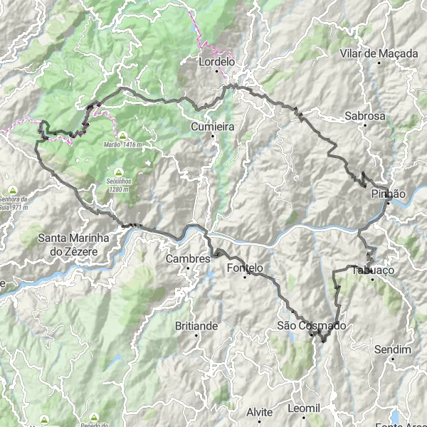 Miniatura do mapa de inspiração para ciclismo "Desafio pelas Montanhas de Vila Real - Norte, Portugal" em Norte, Portugal. Gerado pelo planejador de rotas de ciclismo Tarmacs.app