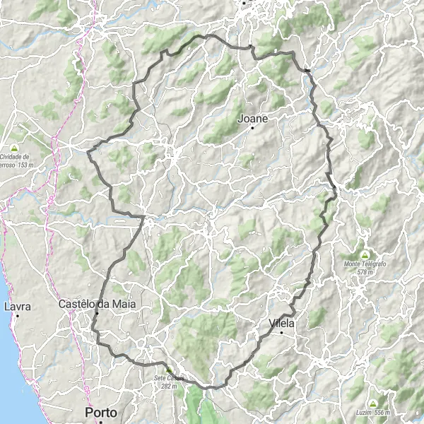 Miniatura do mapa de inspiração para ciclismo "Aventura em Terras Distantes" em Norte, Portugal. Gerado pelo planejador de rotas de ciclismo Tarmacs.app