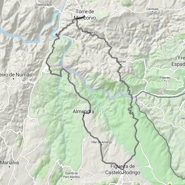 Miniatura do mapa de inspiração para ciclismo "Rota de Estrada Torre de Moncorvo - Maçores - Mulher - Barca d'Alva - Figueira de Castelo Rodrigo - Portelas - Vilar de Amargo - Almendra - Pelourinho de Foz Côa - Ponte do Pocinho - Torre de Moncorvo" em Norte, Portugal. Gerado pelo planejador de rotas de ciclismo Tarmacs.app