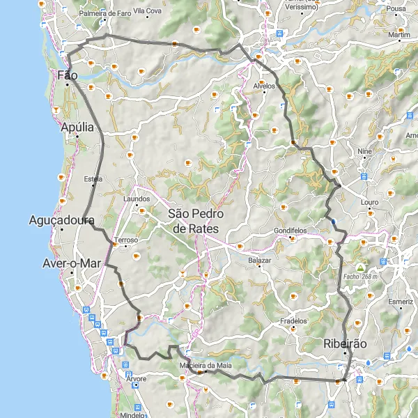 Miniatura do mapa de inspiração para ciclismo "Rota Costeira" em Norte, Portugal. Gerado pelo planejador de rotas de ciclismo Tarmacs.app