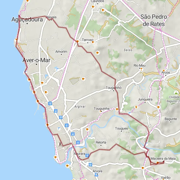 Miniatura do mapa de inspiração para ciclismo "Vairão - Vista panorâmica - Pelourinho de Vila do Conde - Navais - Cividade de Terroso - Vilarinho" em Norte, Portugal. Gerado pelo planejador de rotas de ciclismo Tarmacs.app