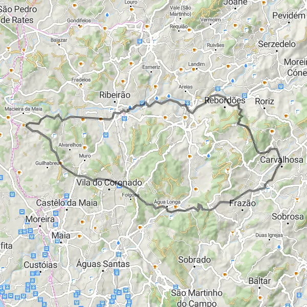Miniatura do mapa de inspiração para ciclismo "Vairão - Lousado - Costouras - Carvalhosa - Seroa - São Romão - Santa Eufémia" em Norte, Portugal. Gerado pelo planejador de rotas de ciclismo Tarmacs.app