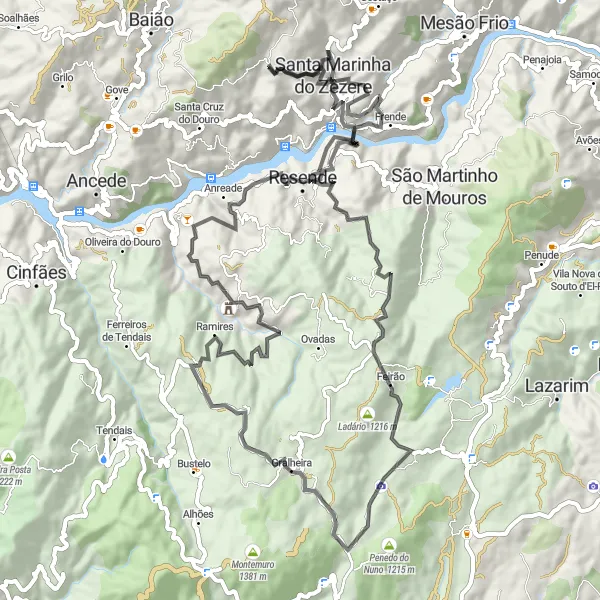 Miniatura do mapa de inspiração para ciclismo "Desafio Montanhoso em Resende" em Norte, Portugal. Gerado pelo planejador de rotas de ciclismo Tarmacs.app