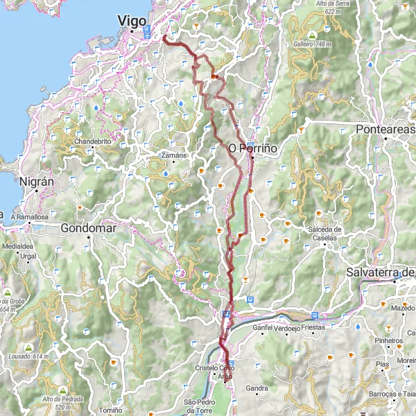 Map miniature of "Gravel Adventure in Valenza Countryside" cycling inspiration in Norte, Portugal. Generated by Tarmacs.app cycling route planner