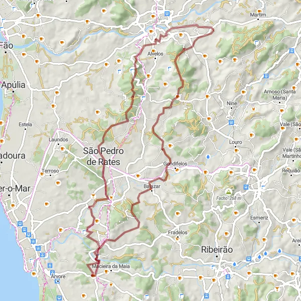 Miniatura do mapa de inspiração para ciclismo "Caminho pelos Tesouros de Pelourinho" em Norte, Portugal. Gerado pelo planejador de rotas de ciclismo Tarmacs.app
