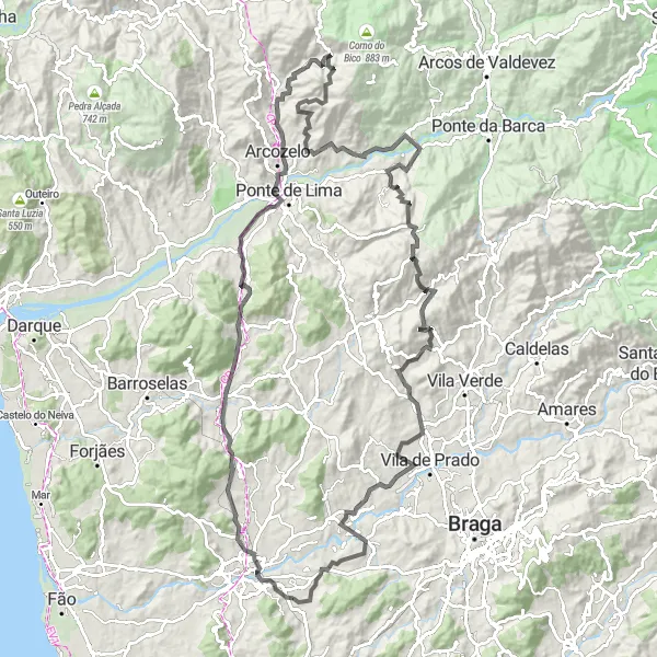 Miniatura do mapa de inspiração para ciclismo "Desafio das Colinas do Norte" em Norte, Portugal. Gerado pelo planejador de rotas de ciclismo Tarmacs.app