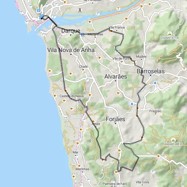 Miniatura do mapa de inspiração para ciclismo "Volta Pelas Colinas de Viana" em Norte, Portugal. Gerado pelo planejador de rotas de ciclismo Tarmacs.app