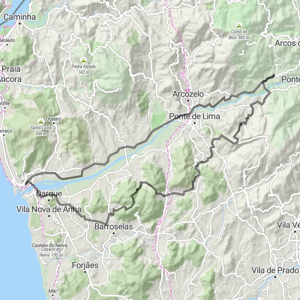 Miniatura do mapa de inspiração para ciclismo "Desafio da Costa e do Interior" em Norte, Portugal. Gerado pelo planejador de rotas de ciclismo Tarmacs.app