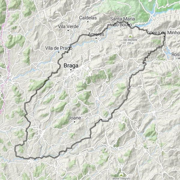 Miniatura do mapa de inspiração para ciclismo "Grande Jornada de Guimarães" em Norte, Portugal. Gerado pelo planejador de rotas de ciclismo Tarmacs.app