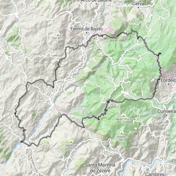 Map miniature of "Mountainous Escapade" cycling inspiration in Norte, Portugal. Generated by Tarmacs.app cycling route planner