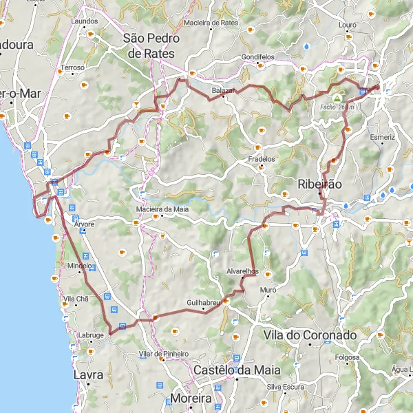 Miniatura do mapa de inspiração para ciclismo "Rota Gravel Alvarelhos-Brufe" em Norte, Portugal. Gerado pelo planejador de rotas de ciclismo Tarmacs.app