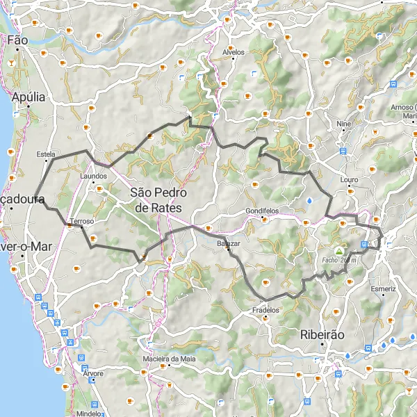 Miniatura do mapa de inspiração para ciclismo "Rota Road Cividade de Terroso-Outiz" em Norte, Portugal. Gerado pelo planejador de rotas de ciclismo Tarmacs.app