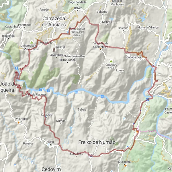 Miniatura do mapa de inspiração para ciclismo "Exploração Olas-Linhares-Pocinho" em Norte, Portugal. Gerado pelo planejador de rotas de ciclismo Tarmacs.app
