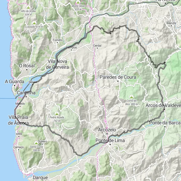 Miniatura do mapa de inspiração para ciclismo "Rota dos Pelourinhos do Alto Minho" em Norte, Portugal. Gerado pelo planejador de rotas de ciclismo Tarmacs.app