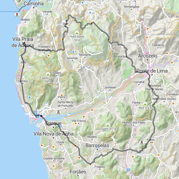 Miniatura do mapa de inspiração para ciclismo "Rota das Colinas do Minho" em Norte, Portugal. Gerado pelo planejador de rotas de ciclismo Tarmacs.app