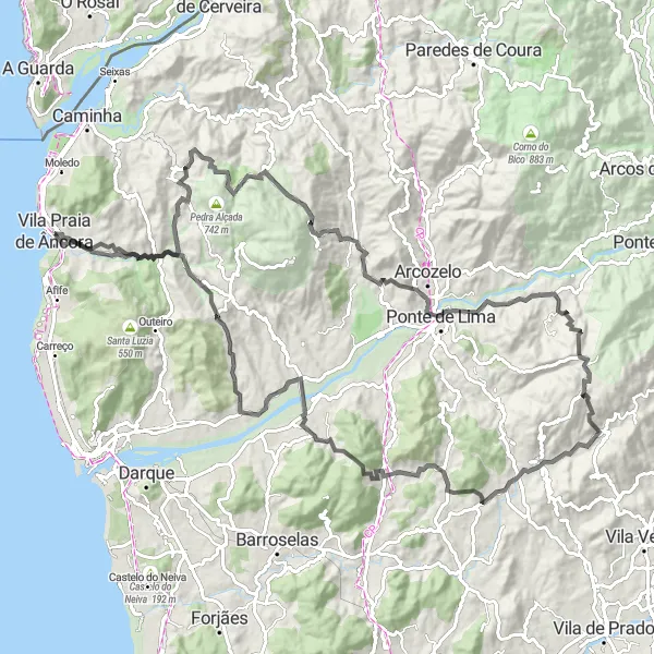 Miniatura do mapa de inspiração para ciclismo "Rota das Montanhas" em Norte, Portugal. Gerado pelo planejador de rotas de ciclismo Tarmacs.app