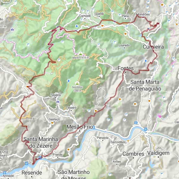 Miniatura do mapa de inspiração para ciclismo "Rota de Gravel de Mesão Frio" em Norte, Portugal. Gerado pelo planejador de rotas de ciclismo Tarmacs.app