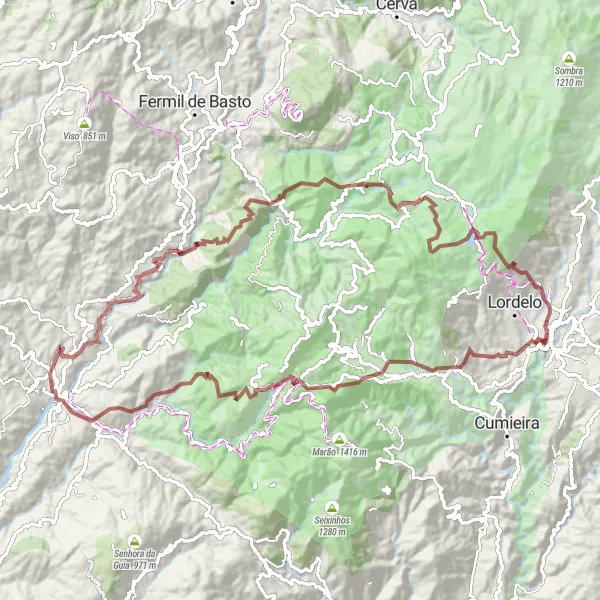 Miniatura do mapa de inspiração para ciclismo "Trilhas de gravel desafiadoras perto de Vila Real - 98 km" em Norte, Portugal. Gerado pelo planejador de rotas de ciclismo Tarmacs.app