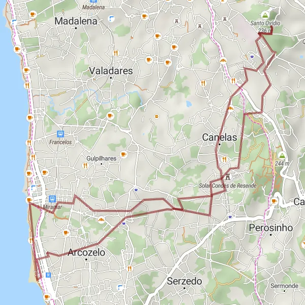 Miniatura do mapa de inspiração para ciclismo "Vilar de Andorinho - Solar Condes de Resende - Canelas" em Norte, Portugal. Gerado pelo planejador de rotas de ciclismo Tarmacs.app