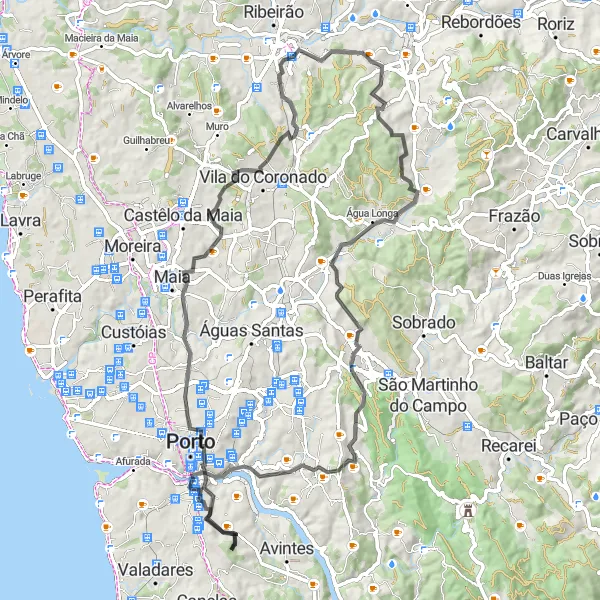 Miniatura do mapa de inspiração para ciclismo "Vilar de Andorinho - Monte Crasto - Ponte Pênsil Dona Maria II" em Norte, Portugal. Gerado pelo planejador de rotas de ciclismo Tarmacs.app