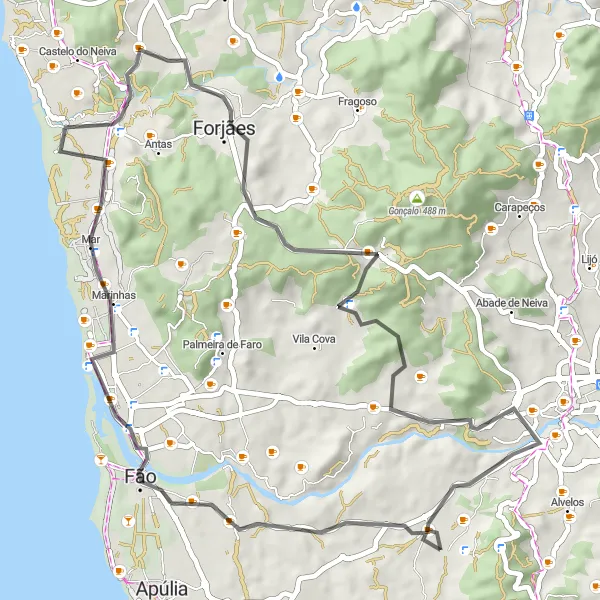 Miniatura do mapa de inspiração para ciclismo "Ciclovia Encantada de Vilar de Figos" em Norte, Portugal. Gerado pelo planejador de rotas de ciclismo Tarmacs.app