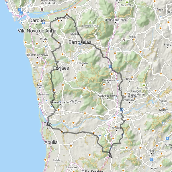 Miniatura do mapa de inspiração para ciclismo "Circuito da Costa Atlântica" em Norte, Portugal. Gerado pelo planejador de rotas de ciclismo Tarmacs.app