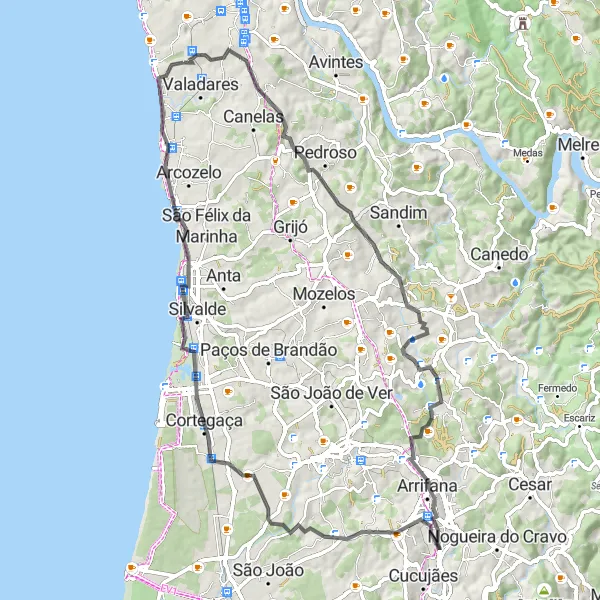 Miniatura do mapa de inspiração para ciclismo "Rota de Estrada de Vilar do Paraíso" em Norte, Portugal. Gerado pelo planejador de rotas de ciclismo Tarmacs.app