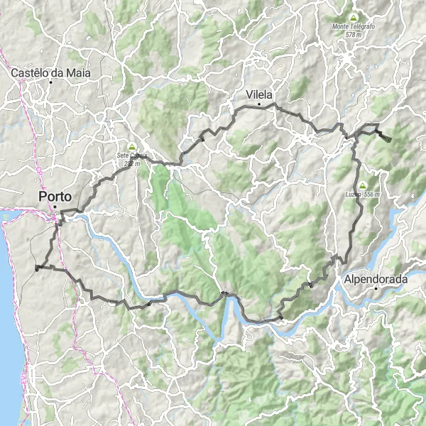 Miniatura do mapa de inspiração para ciclismo "Grande Rota de Ciclismo de Estrada em Vilar do Paraíso" em Norte, Portugal. Gerado pelo planejador de rotas de ciclismo Tarmacs.app