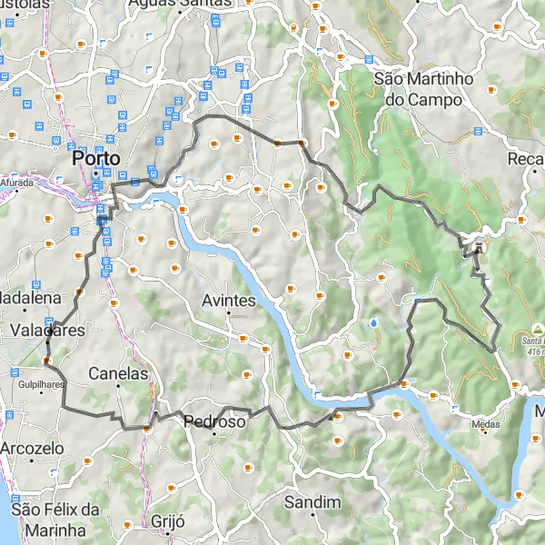 Miniatura do mapa de inspiração para ciclismo "Rota de Ciclismo de Estrada até Gulpilhares" em Norte, Portugal. Gerado pelo planejador de rotas de ciclismo Tarmacs.app