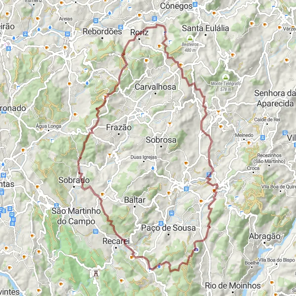 Miniatura do mapa de inspiração para ciclismo "Travessia de Penafiel a Campo" em Norte, Portugal. Gerado pelo planejador de rotas de ciclismo Tarmacs.app