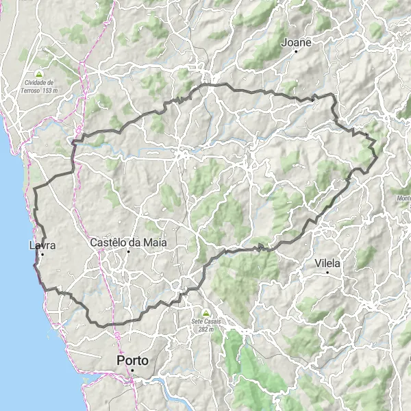 Miniatura do mapa de inspiração para ciclismo "Rota Panorâmica pela Costa" em Norte, Portugal. Gerado pelo planejador de rotas de ciclismo Tarmacs.app