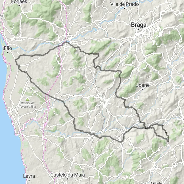 Miniatura do mapa de inspiração para ciclismo "Rota Cultural e Histórica" em Norte, Portugal. Gerado pelo planejador de rotas de ciclismo Tarmacs.app
