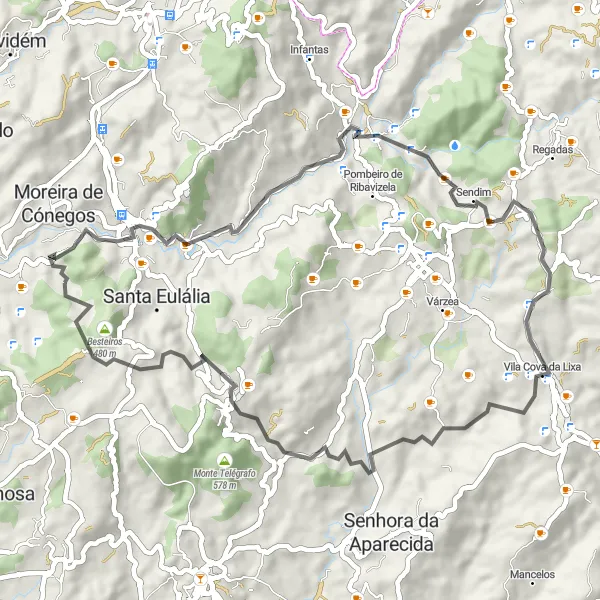Miniatura do mapa de inspiração para ciclismo "Rota Pitoresca de Vizela a Besteiros" em Norte, Portugal. Gerado pelo planejador de rotas de ciclismo Tarmacs.app