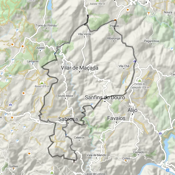 Miniatura do mapa de inspiração para ciclismo "Desafio das Colinas do Douro" em Norte, Portugal. Gerado pelo planejador de rotas de ciclismo Tarmacs.app