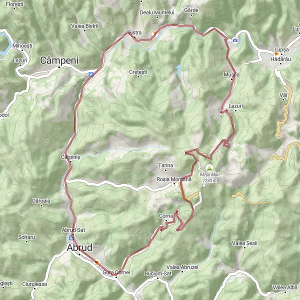 Map miniature of "Gravel Adventure to Coasta Henții and Belvedere" cycling inspiration in Centru, Romania. Generated by Tarmacs.app cycling route planner