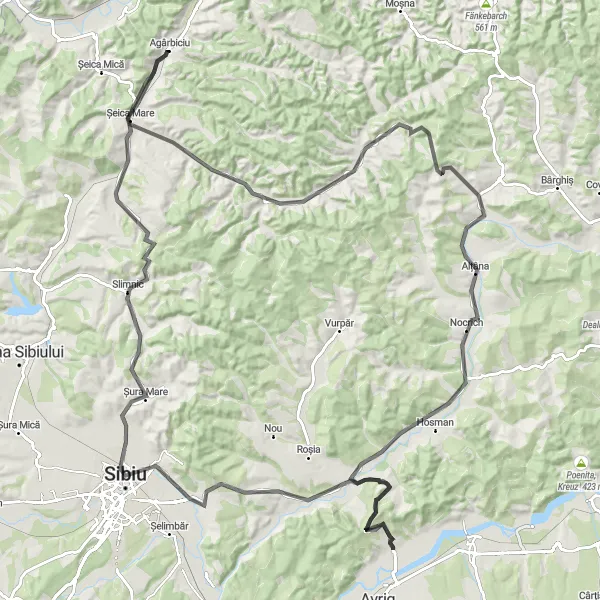 Map miniature of "The Hilltops and Valleys" cycling inspiration in Centru, Romania. Generated by Tarmacs.app cycling route planner