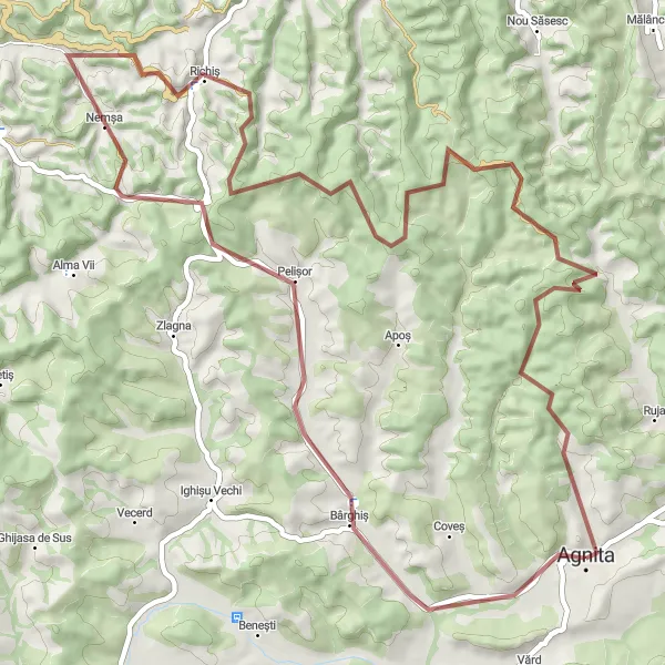 Map miniature of "Scenic Gravel Route to Bârghiș and Pelișor" cycling inspiration in Centru, Romania. Generated by Tarmacs.app cycling route planner