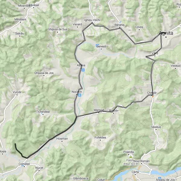 Map miniature of "Agnita to Nocrich and Back" cycling inspiration in Centru, Romania. Generated by Tarmacs.app cycling route planner